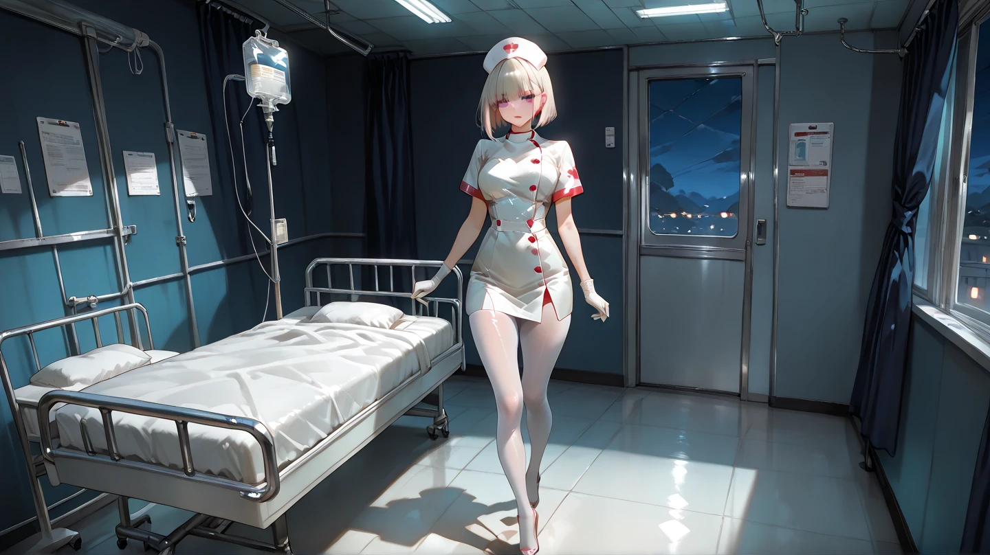 ultra high res, photo, 4k, (photorealistic), absurdres, (incredible absurdity), ((masterpiece, best quality)), (wallpaper), (8k hd), 1girl, nurse outfit, long white hair, white stockings, nsfw, smug, hospital background