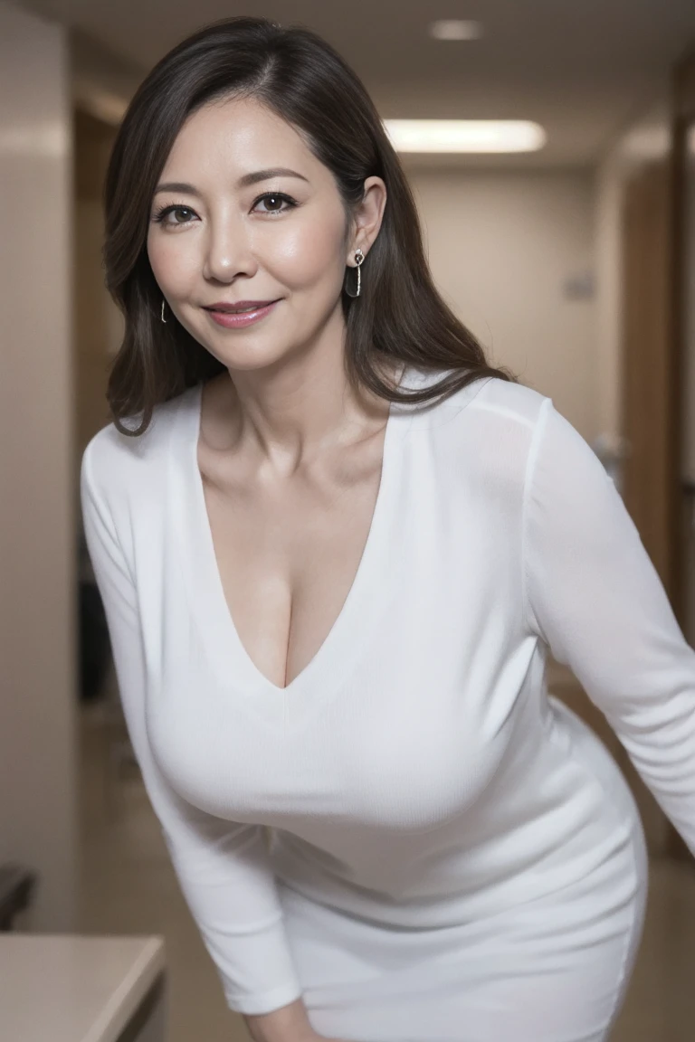 Mature attractive woman,60 years old,1 person,Bodycon,(mini skirt,panties),panties,Big Breasts,Facial wrinkles,Light brown hair,Long Hair,Sit on a chair,(From head to thighs),Laughter,masterpiece,highest quality