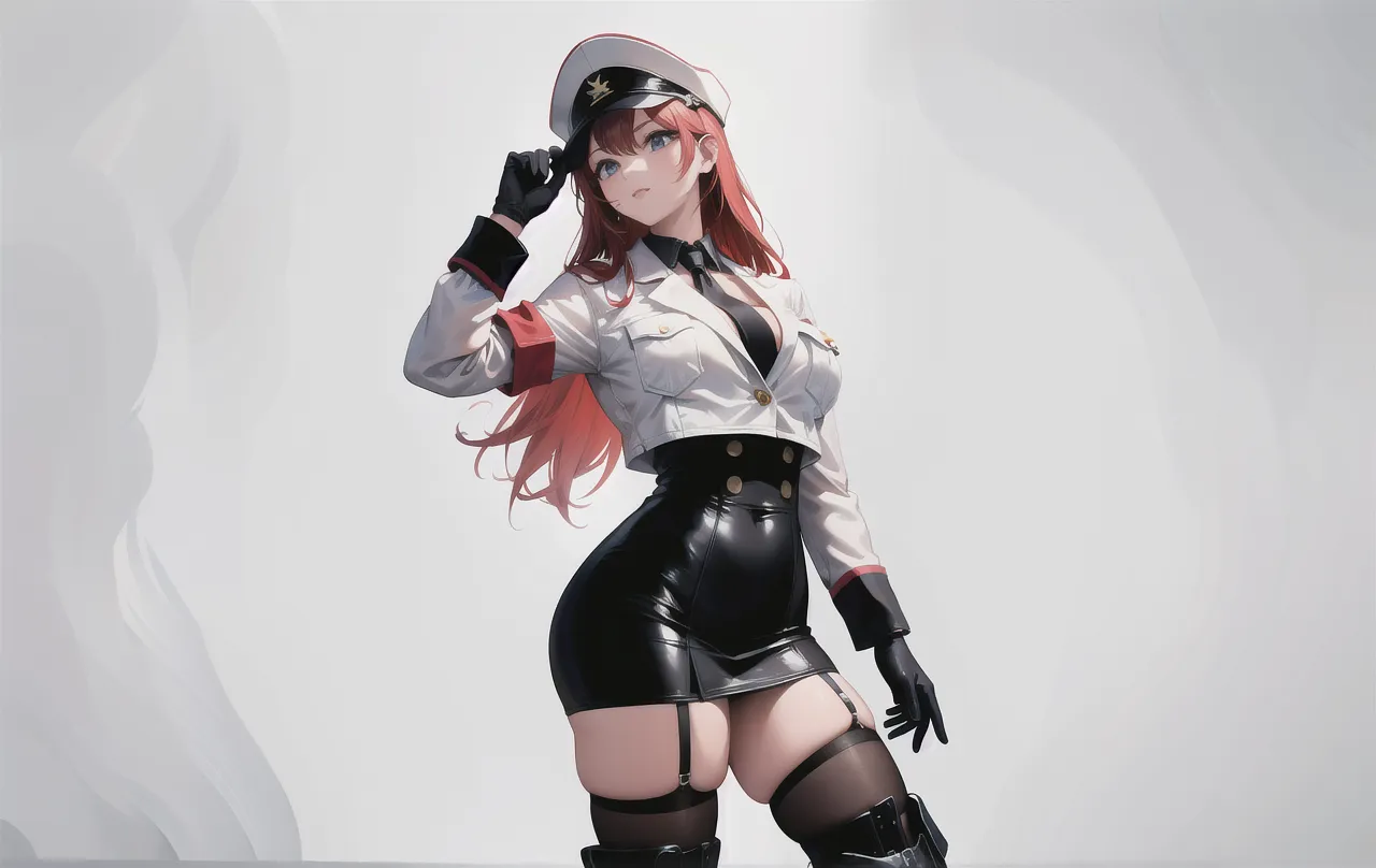 (absurdres,official art,unity 8k wallpaper,ultra detailed,High quality,best quality),1girl, detail face, beautiful eyes, red hair, iron cross,blush,peaked cap, skirt,ass,smile,two side up,(ass support),(hands on own ass),white gloves,military uniform,highly detailed,absurdres,masterpiece,