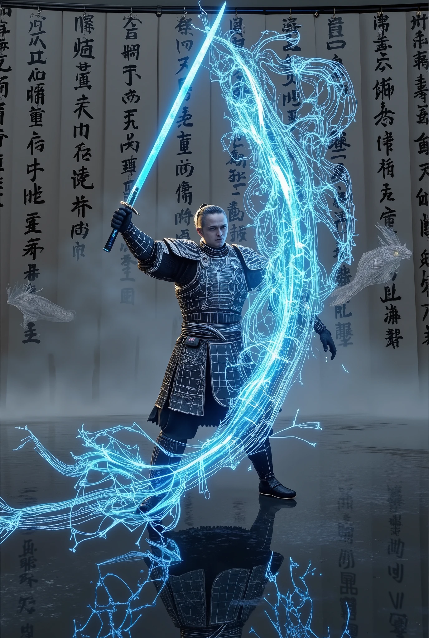 A samurai stands frozen mid-strike, his blade sheathed in Plasma Blue plasma that crackles into glowing kanji. Each character unravels into neon wireframe dragons that coil around his armor. The background layers Charcoal Gray silk screens of feudal battlegrounds, overlaid with holographic poetry scrolls. Underfoot, a pool of ink ripples, reflecting not the warrior but a cybernetic doppelgänger. Add floating lanterns shaped like data servers, their screens streaming live feeds of ancient duels reinterpreted as glitch art.