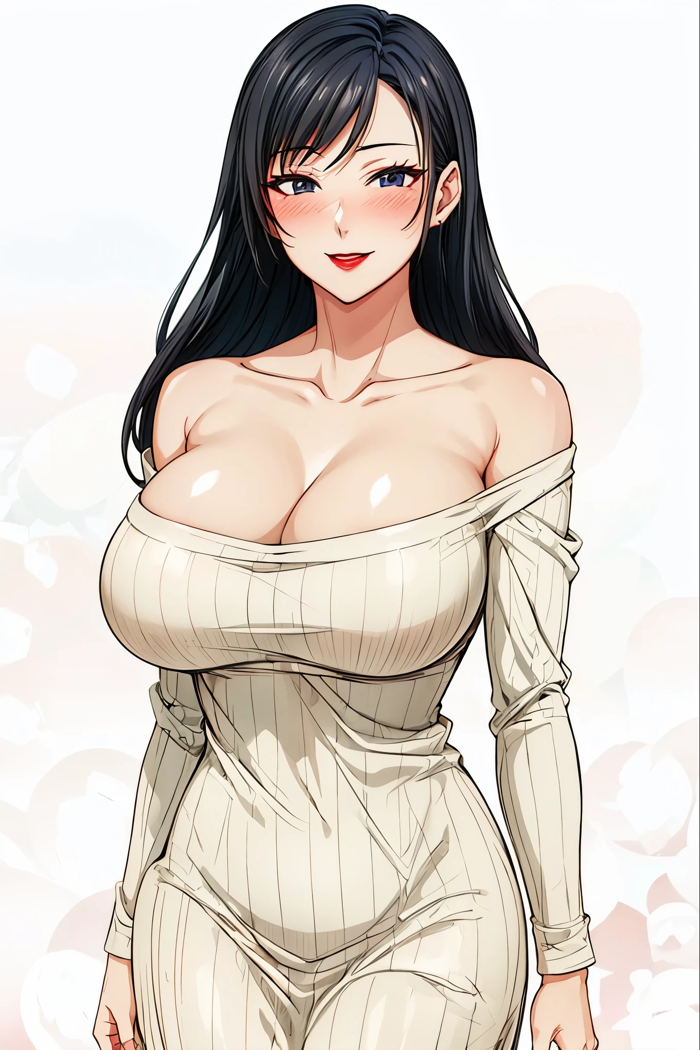 nari, black eyes, black hair, long hair, big breasts, chandelier earrings, Cleavage, strapless top,tight pants, smiling