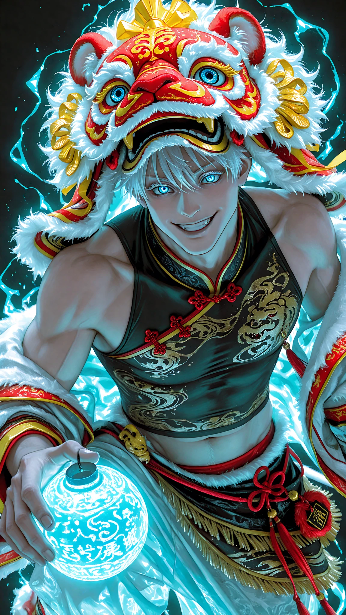 (max resolution: 1.2), (Ultra HDTV: 1.2), 8K resolution, Eye and skin details, face details, , (Sharp focus: 1.2), (Precise focus) face sharp face: 1.2), 1 Sitting boy, (Short hair), White hair, Shirtless, Exposed chest muscles, Six-pack abs, transparent white briefs, Flower lantern, Mid-Autumn Festival, calendar outfit Chinese white hair, (white hair), Starry sky, Full moon, Flying lanterns in the sky, Flying lanterns, Glowing lights