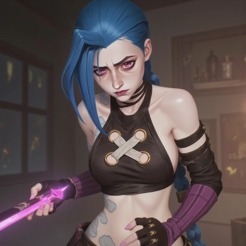 Hyper realistic super detailed Jinx cosplay , ((Young girl, 15 years old)), Very detailed, (hyper realistic: 1.4), in dynamic pose, (((psycho face, evil, creppy smiling))), twin braids, long hair, blue hair, red eyes, tattooed, ((skinny Body)), ((angry face)), arcane style. ((Cinematic neon graffiti on wall,  cinematic lighting)).