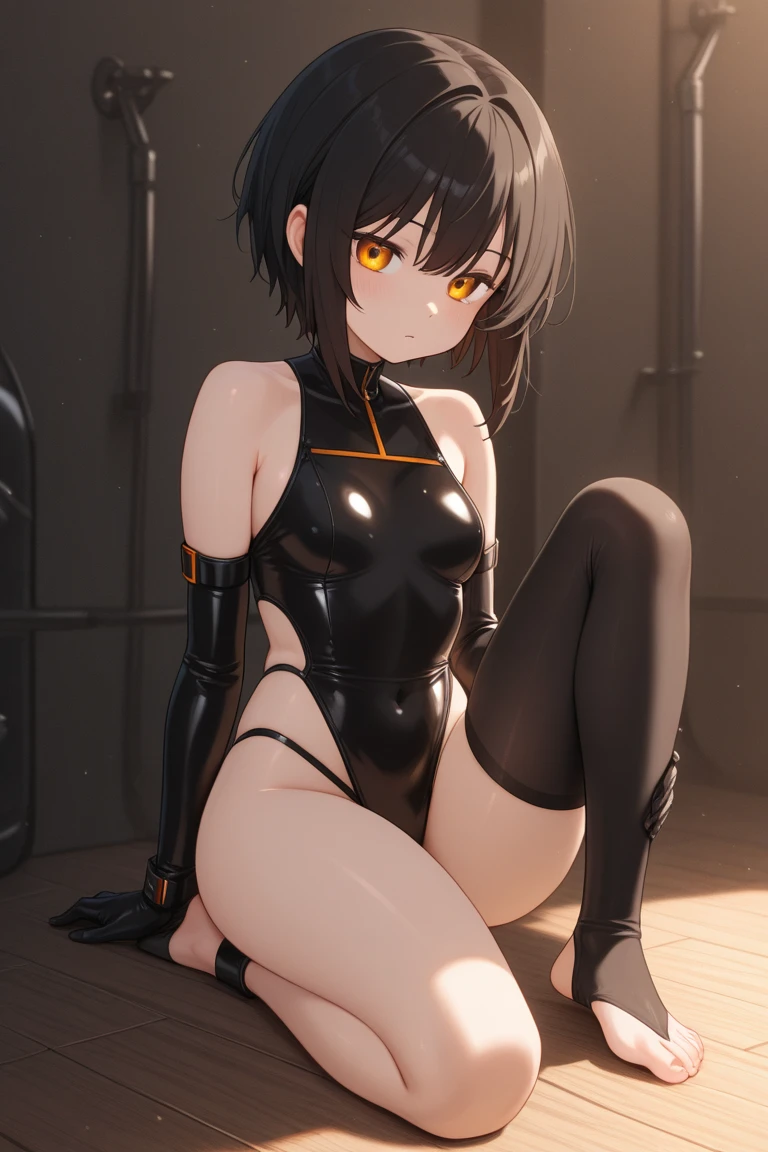 highest quality、cinematic lighting、jet black gladiator woman、Rin々nice face、arena、panties、jet black gladiator costume、full of sweat、dripping sweat、open your legs、
