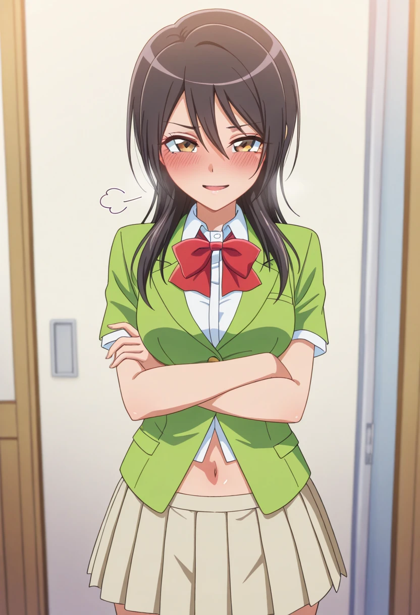 masterpiece, super fine illustration, best quality, light particles, ultra-detailed, 8K,young girl,[official art],[[anime styled]],[[digitalart]],akane_asahina,over-rim eyewear,((pixie cut)),(hairclip,left side),((forehead,side part hairstyle)),black hair,small breasts,short torso,, shiny skin, oily skin,((school uniform,cream colored jacket)),((brown pleated skirt:1.2)),NSFW,1girl in,standing,(upper body),(crotch focus),(From below),Looking at Viewer,Best Quality,Skirt lift,scowl,blush,anime screen cap,(tucking up the skirt),((lite green Panties)),short torso,Show panties,pantyshot,up skirt,(classroom)