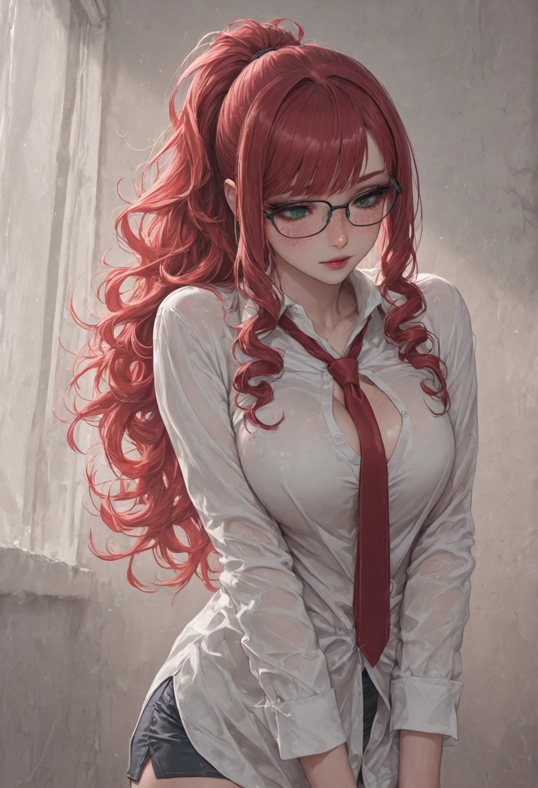 1 beautiful woman((25s, defined body, adult female, red (long hair)) wearing white underwear with tie and glasses