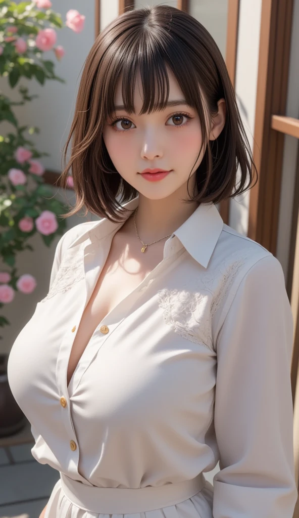 (Masterpiece, BestQuality:1.3), (ultra detailed:1.2), (hyperrealistic:1.3), (RAW photo:1.2),High detail RAW color photo, professional photograph, (Photorealistic:1.4), (realistic:1.4), ,professional lighting, (japanese), beautiful face, (realistic face), cute woman, (Big Tits:1.5), (cheerful Smile:1.5), Trending Hair&Trending Hairカラーをランダムに, earrings, necklace, bracelet, sexy, erotic sexy, Random sexy gravure poses, (A sexy beautiful woman in a white blouse and skirt is smiling while working in the office。Her short brown hair gives her an intellectual impression.。:1.3)