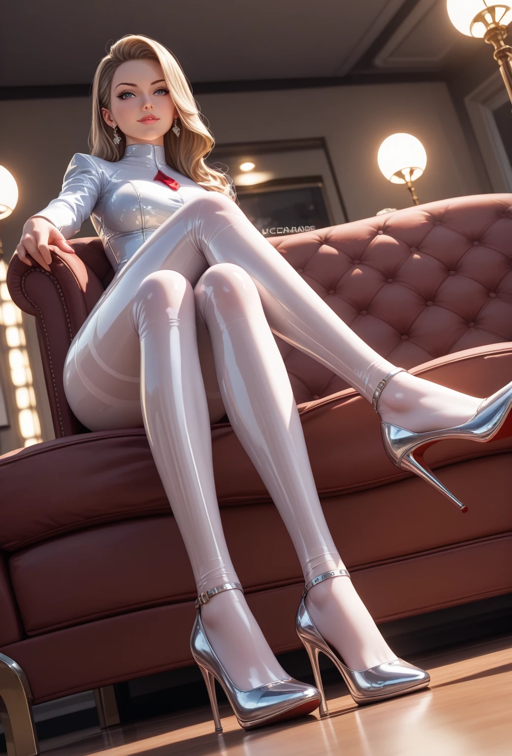 (((tmasterpiece))),((Correct proportions)),((best qualtiy)),(((The is very detailed))),(((one-girl))),Tall and tall,white complexion,Perfect figure,sit on chair,The pose is seductive,The girl has a charming expression,(Raised sexy),black lence stockings,