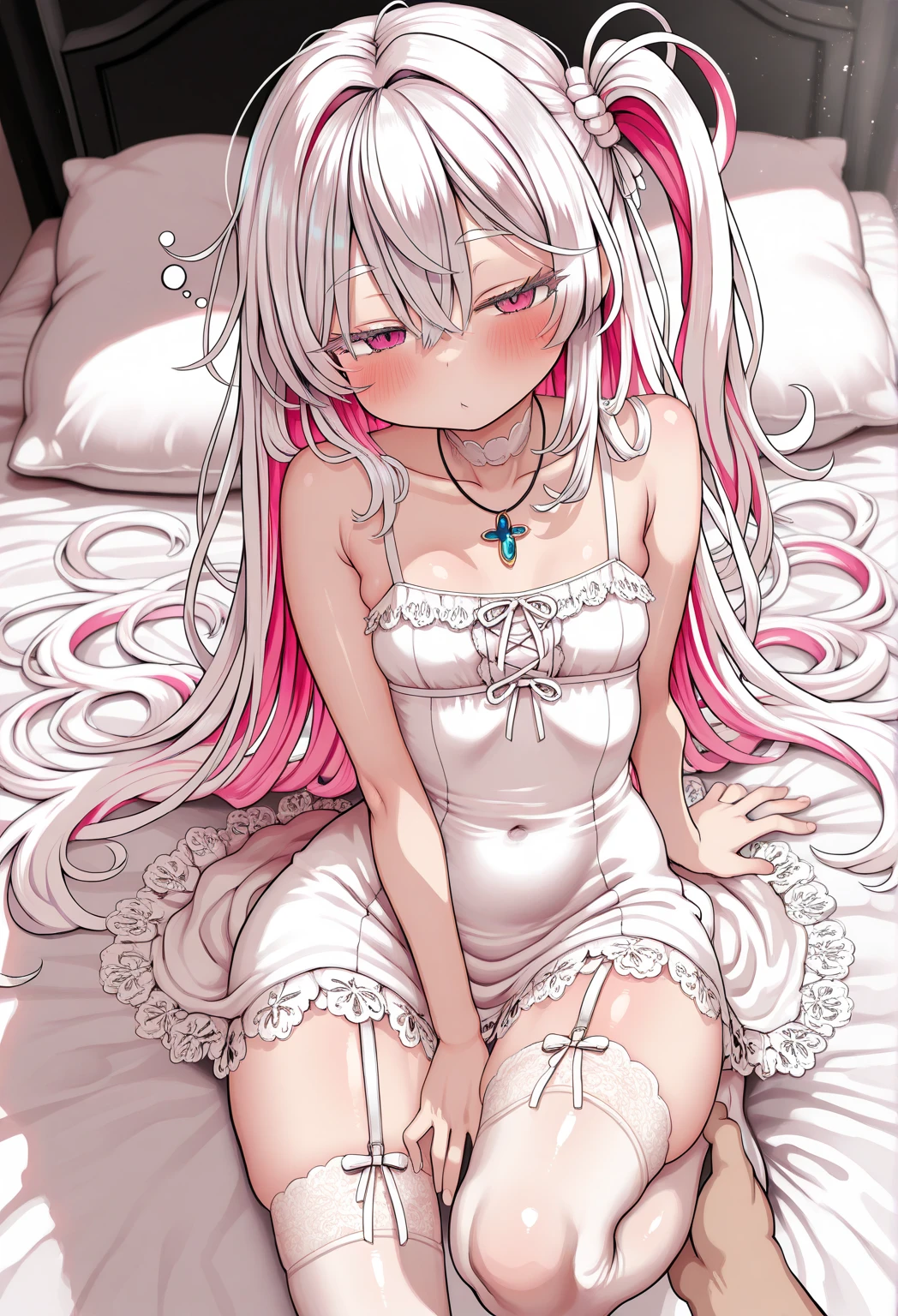naked, masterpiece, best quality, ultra-detail, 1girl, solo, ali, hair ornament, prison clothes, bloomers, striped thighhighs, (bags under eyes:1.1), oversized clothes, (sleeves past wrists:1.1),   (sitting:1.2),  (wariza:1.2), (straight-on:1.1), (from below:1.1), (on bed:1.1), head tilt, arms between legs, wide hips, thick thighs, blush,