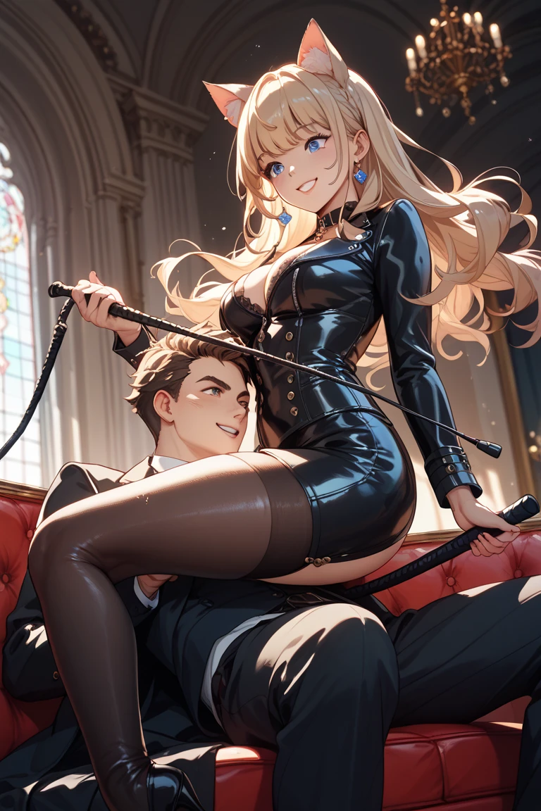 ((((((1boy)))))), fluffy blonde hair, ((big sharp wolf ears)), wolf tail, slim figure, ((pale skin)), sky blue eyes, joyful, big thighs, fangs, slim waist, lean figure, skin pale, youthful appearance, (((bulge))), black thigh socks, black coat, twink, full body view, excellent physique, victorian gothic clothing, (big butt)