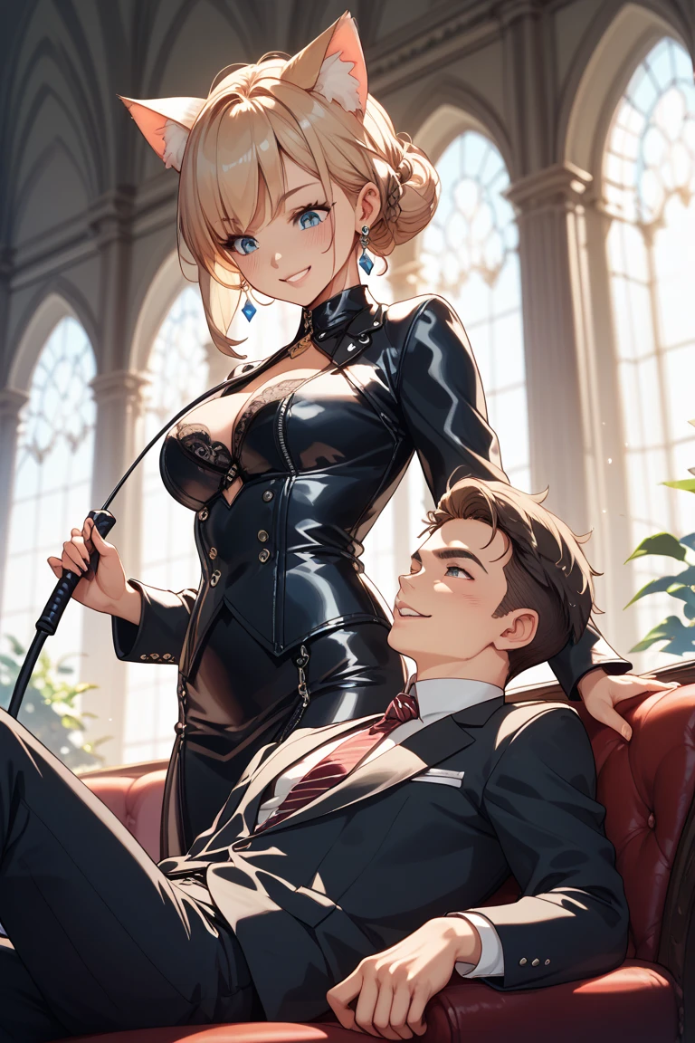 Blonde hair man and black hair girl, vinsmoke sanji wearing a black suit and a Woman with black long hair with bangs, pink eyes, all black clothes, black shirt, black corset, black gloves, black boots, black pants, fiahnet stockings, black clothes, wanostyle, black mini skirt, big breasts, thin waist, wide hips, pale woman, couple, man and woman kissing
