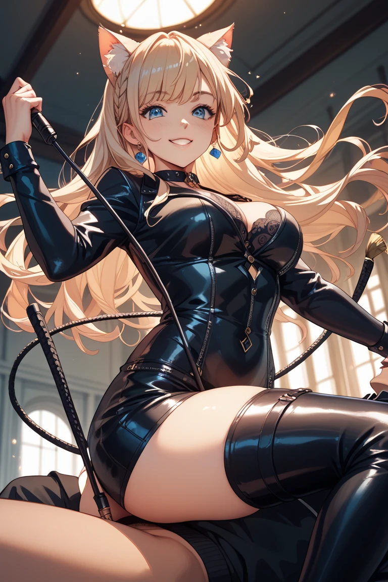 High heels,Black shiny bunny suit,Braided on the side of the waist of the bunny suit,Cocktail glass in hand,Hairstyle: voluminous long waves,Blonde Hair,Blue Eyes,Red ribbon tie around the neck,Gemstone earrings,I&#39;m sitting on a chair at the bar counter
