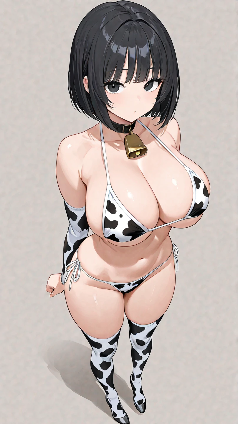 ((pbNaomi, short hair, black hair)),(masterpiece, best quality), symmetrical composition, from bellow,pov, 1girl, huge breasts,BimboT, steam from the sides, steam from crotch, raise both arms up, kneeling, (cow print KNEE HIGH SOCKS), COW BELL CHOKER, mile, cow print, micro bikini,swimsuit, cow print micro mini skirt, from behind, sweat, at night, privat,