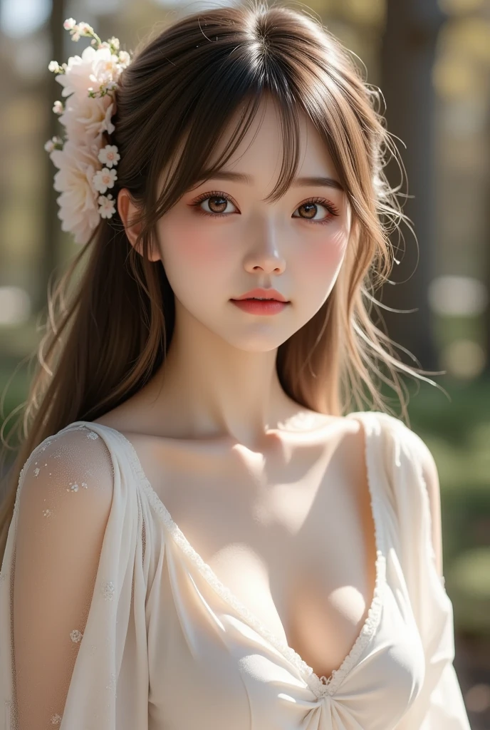 (((masterpiece))), (8K, expensive_solve), (clear_image), Highly detailed CG, ((Highest quality), Beautiful eyes and fine face, ((embarrassed,blush:0.8)), (Abdominal muscles:0.8), (drill hair,dark brown hair,hair ribbon,bright,headband,flower hair ornament)