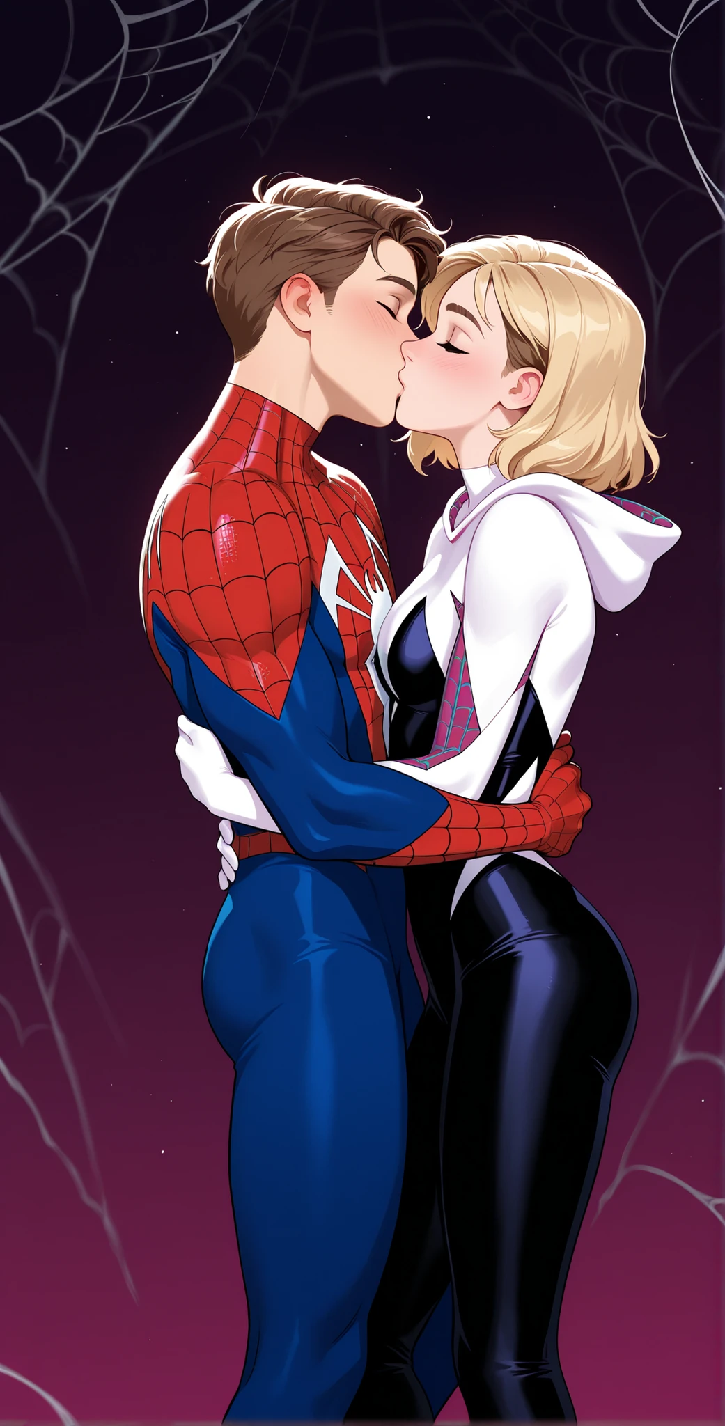Peter Parker, in a Spider-Man costume, unmasked, is hugging and kissing and making out with Gwen Stacy from Spider-Man Across the Spiderverse