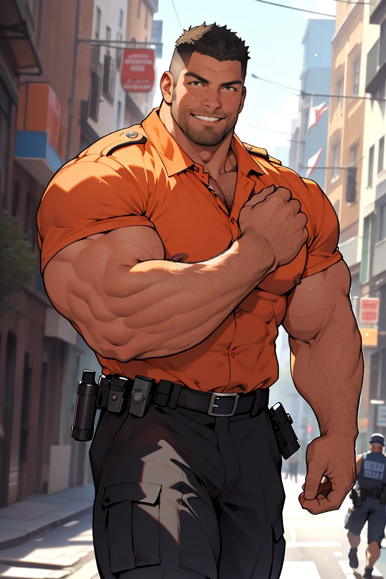 an exaggeratedly muscular and large bodyguard, grizzly old man, (bald: 1.2), beard, tan skin, (scars on face: 1.1), (suspicious expression: 1.1), (wearing black collared shirt: 1.2), unbuttoned, pants with belt, (crotch bulge: 1.2), (bara pecs: 1.3), (hairy chest and forearms: 1.2).