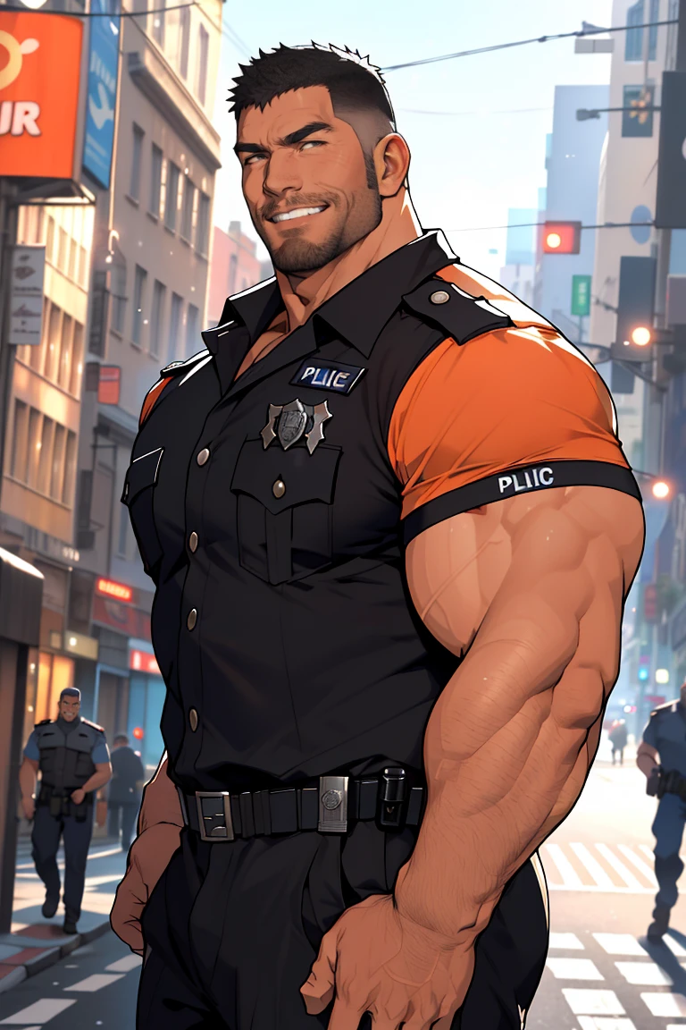 One Tall giant muscular police officer, Mechanical masks, Big Black Mask, on the street outdoors, Brown Superhero Bodysuit, The expression is arrogant, Lift your chin, Messy hair, Thick thighs, Brown Superhero Bodysuit, very tight, Regular symmetrical pattern, Highlight muscles, Police uniform pants, character concept（Resident Evil - Chris Redfield, Chris Redfield）A proud expression, Deep and charming eyes, Heroic male pose, tall Burly, muscular！muscular thighs, tough guy, perfect facial features, High, Burly, Heqiang, Super Buff and Coolness, High Resolution Committee, Charismatic strongman, The sun is blazing, dazzling