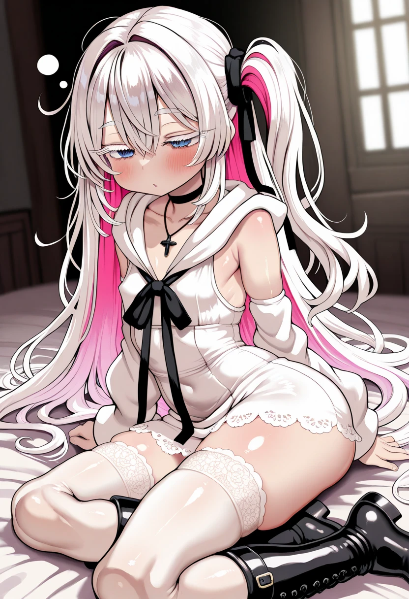 Denon girl, succubus, , l0li, flat, flatchested, young, lustful, horny, blushing, smirking, pjs, pajams, black clothes, hearts in eyes, sweating, wet, undressing