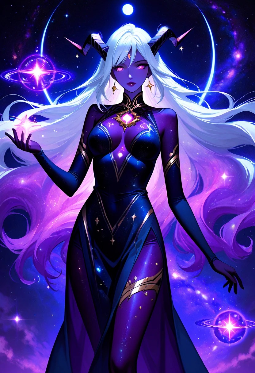 full body image, solo beautiful American brunette bombshell, very long curled hair, perfect face, glittery movie star makeup, wearing a long flowing dress of colors of a vibrant galaxy and bold nebula, goddess of the galaxy, magical, vibrant nebula colors, in a gorgeous, colorful, vibrant space setting, the atmosphere is magical and full of colorful sparkles