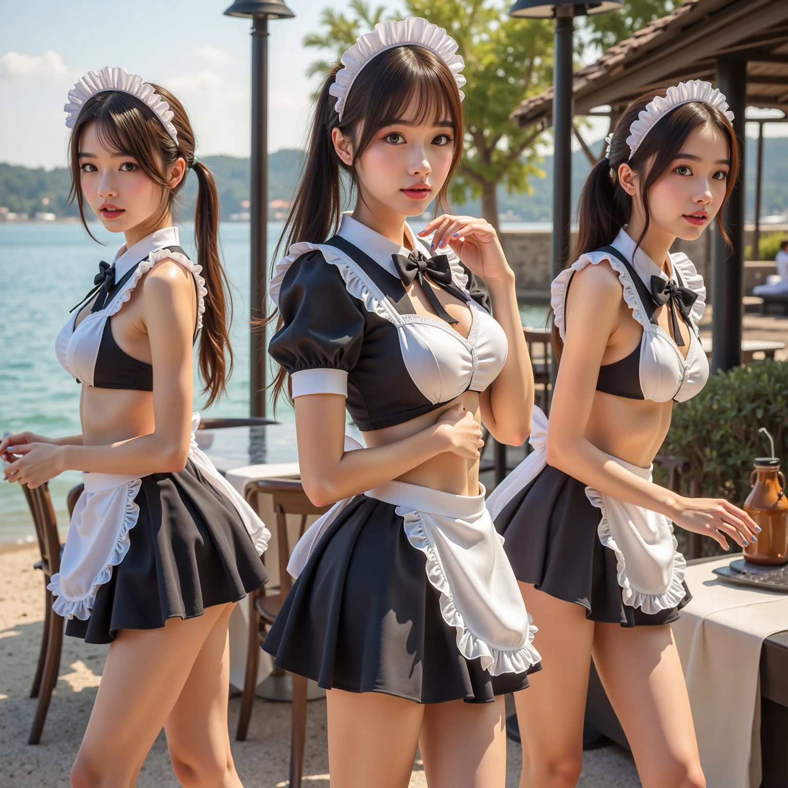(8 times_NMKD-Super Scale_150000_G),(8K, super high quality,highest quality),(masterpiece:1.5),((white background)),((Indoor light)),(cowboy shot),(body straight, towards the camera),(maid),((ruffle bikini:1.5)),(Ruffled knee-high),(turn your arms behind your back),RAW photo,young gravure idol, Young and cute gravure idol, attractive pose, Young sensual gravure idol, smooth skin, young gravure idol, sophisticated gravure idol,two maids lined up