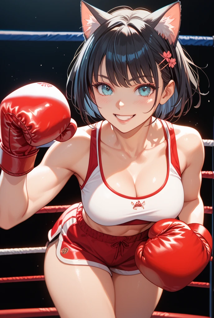 2D anime picture, (anime style 1), single female arrogant boxer, 10 years old, sadistic, Japanese, smirks at the viewer, beautiful long black hairstyle, dark skin in white high neck crop top, in white leggings, in pink boxing gloves стоит возле боксёрском ринге, in empty gym, night