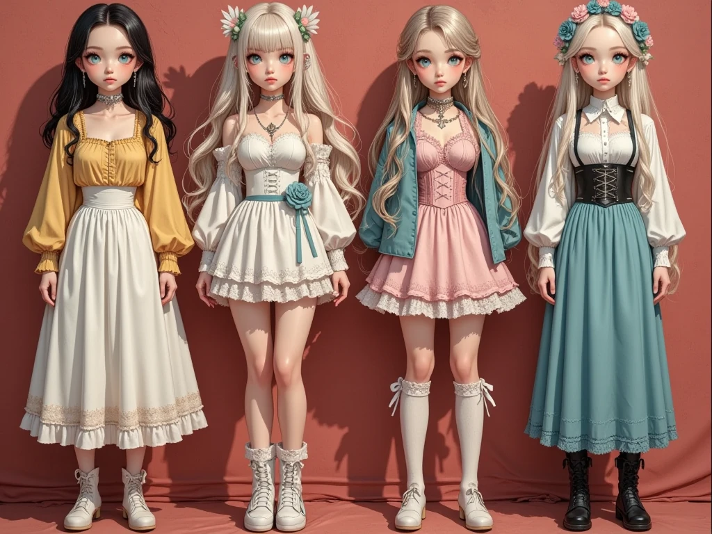 five human sized dolls looking like young women, lined up, on display against a bookcase full of books, in a mansion, cleavage, short skirts, wearing doll clothing, wearing doll makeup, fine details, realistic noses, beautiful eyes, realistic faces, blank expressions, looking straight ahead, blonde hair, brown hair, black hair, red hair, enchanting, soft lighting, hands at their sides