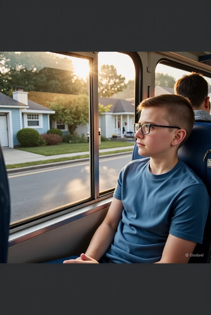A boy went to the bus and sat by the window