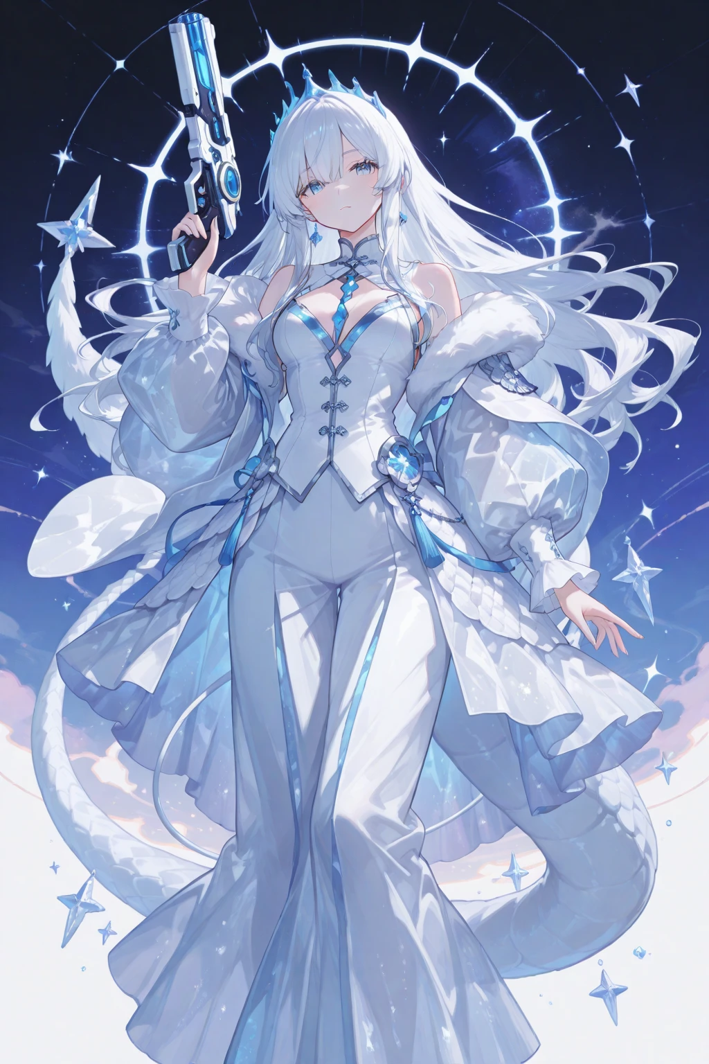Girl crystal, chipped, shimmering inside, full height, many details, melancholy, Girl composed of crystal, white skin, full length, woman, many colors, not quite human