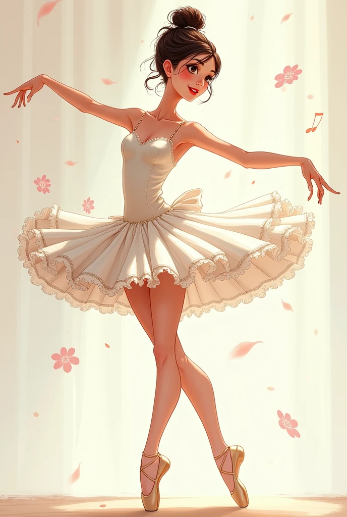 anime Illustration of a ballerina, white costume, tutu, camera perspective from underneath her thighs, showing pelvis, low shot, exposed thighs, raising arms and legs, underneath her tutu skirt.