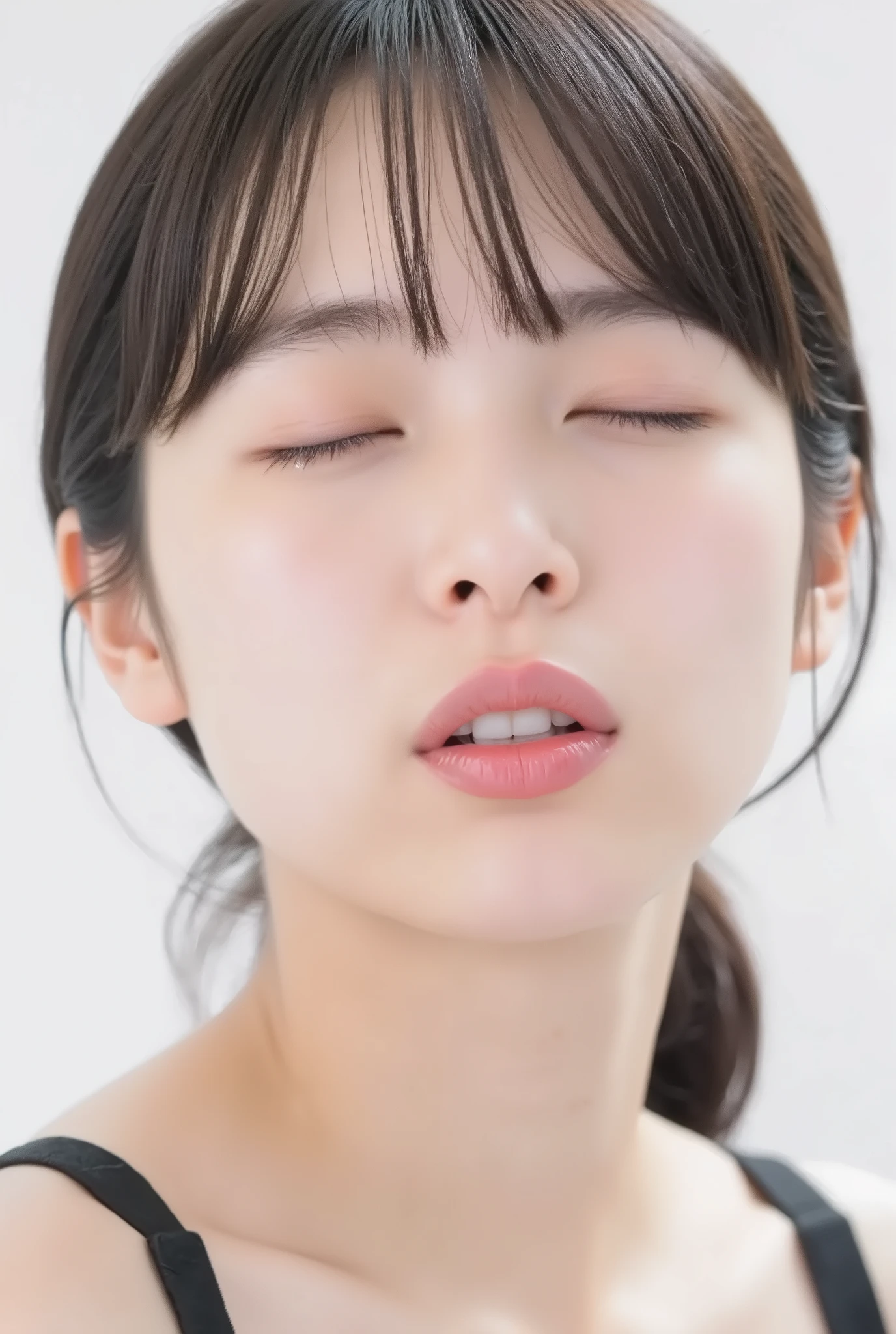 ultra-detailed close-up of a cute and beautiful young woman, collarbone-up composition, white studio background, soft diffused daylight, high-key exposure, clean and vibrant modern color grading, realistic smooth skin with visible pores and subtle peach fuzz, matte facial skin texture, slightly flushed cheeks and ears for a shy expression, big kawaii energy, soft facial features, full glossy lips in a rounded O-shape kiss, lips protruding with intense shine and shimmer, vibrant cherry pink lip gloss as the only makeup, chin gently raised with a subtle upward stretch, camera angle from 35–45 degrees above, face and head perfectly framed, dreamy euphoric smile with eyes gently closed, black camisole strap visible, soft head tilt, hands behind the back and out of frame, ultra-soft background bokeh and facial contour blur to emphasize lips, longing expression, dere-dere mood, cute and loving aura, subtly tilted mouth for added sweetness, youthful and modern hairstyle with airy light layers
