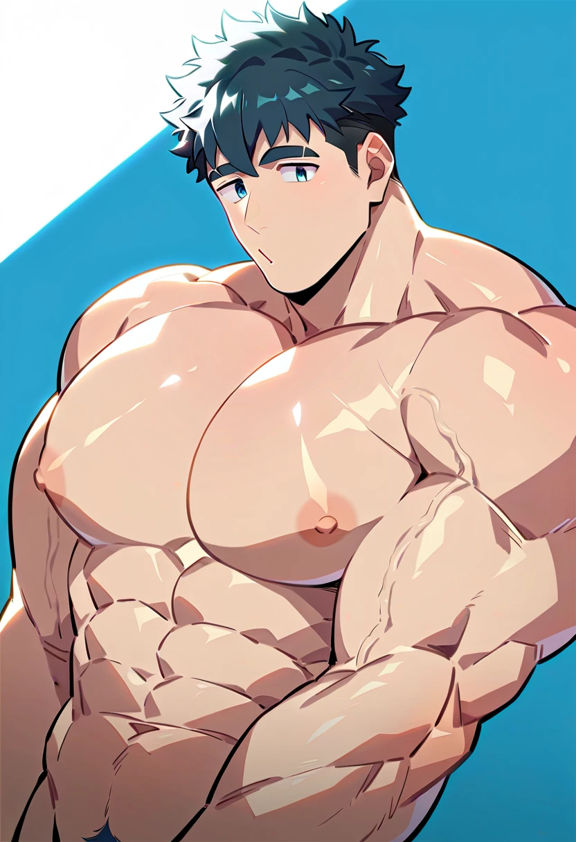 masterpiece, top quality, two age boys, gay lover, 2boy is body size comparison, huge heavy pectoral muscles over opponent, covering with huge body, {{looking down at viewer}}, muscular male, big pectoral muscles, big nipple, abs, grinning, NSFW, sexually su, anime muscles, bulging, big pectoral muscles, bara chest, squeezing nipples, sweating, g, {{detailed face}}, {{high quality}}, {{detailed eyes}}, gay couple, 2 boys are close,