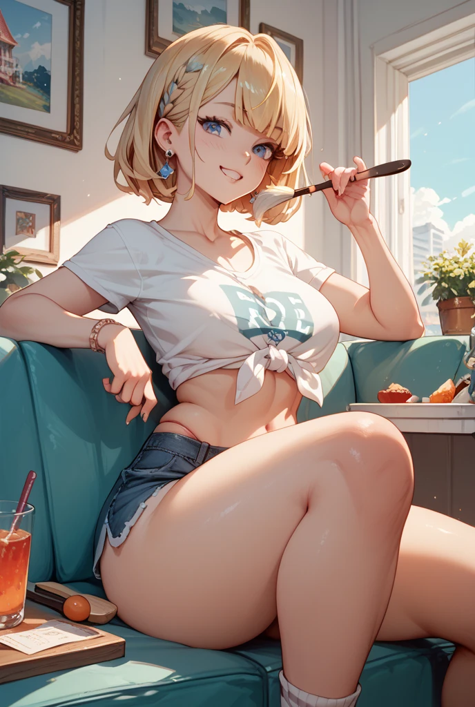 (((masterpiece))),highres,absurdres,(((best quality))),official art,perfect lighting,looking at viewer,aquarium,indoors,
1boy, femboy, tiny chest, embarrassed look, shy manner, flushed cheeks, eating carrots, thin waist, down bunny ears, bunny boy, cut curvy hair, blonde hair, blue eyes, angelic eyes, round eyes, pastel color, (PastelColors: 1.3), cute doll shirt, white panties , little ribbon, big volume in underwear, random pose, face focus, ((sharpness)), (perfect hands), wide hips, ((( medium dick on panties)))