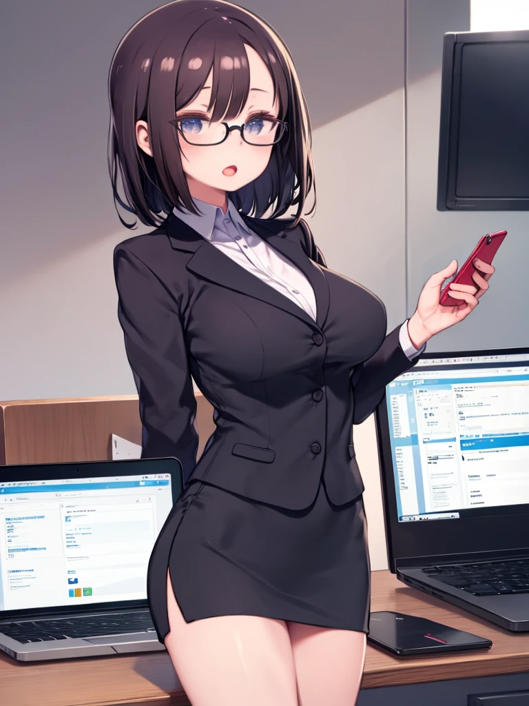 business suit、Black trousers、(Big Breasts)、(((solo)))、In the office、(curvy)、smirk、((owncast eyes))、from below、In an erotic pose、holding a smartphone in hand