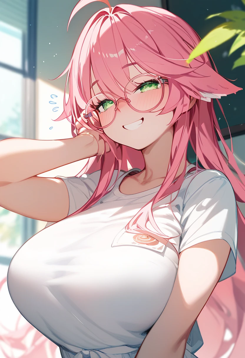 One Woman、Big Breasts、Pink Hair、Long Hair、Straight Hair、Ahoge、Kind older sister、Pink small glasses、Green Eyes、smile、Droopy eyes、Background home bedroom、Baggy T-shirt、Teaching study
