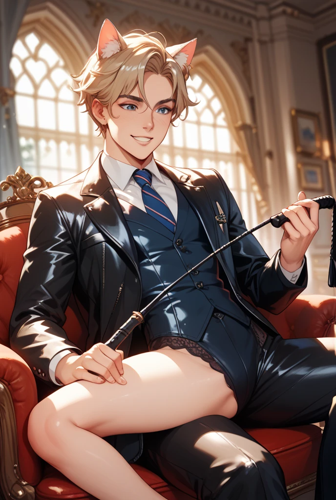 NSFW, ((​masterpiece)), ((Best Quality)), ((extremely delicate and beautiful)), ((Completely and perfect body)), (Perfect and delicate 2 hands with 5 fingers), 
 (((One beautiful and handsome adult man with blonde short hair and crimson eyes has a large erect penis on full display))), (He is standing proudly with hand on hip), He wears a black choker that glitters ominously, (empty eyes, drooling, sexually aroused and ecstatic smile), open mouth, (Blush with aroused), well-muscled, flat chest, (He is not wearing pants), (((In the church of evil at night))),