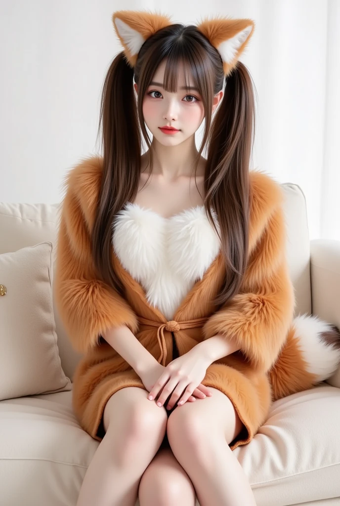 ((Highest quality)), ((masterpiece)), (Familiar), Perfect Face, fox lady, Pretty girl, Fox Ears, Fox tail, She has a northern fox tail, She wags her fluffy tail, fur collar, Beautiful hip line, Big , Thick thighs, A big tail growing out from under the skirt, Nice body, On all fours , Shyly staring at his tail, Only one tail, troubled face