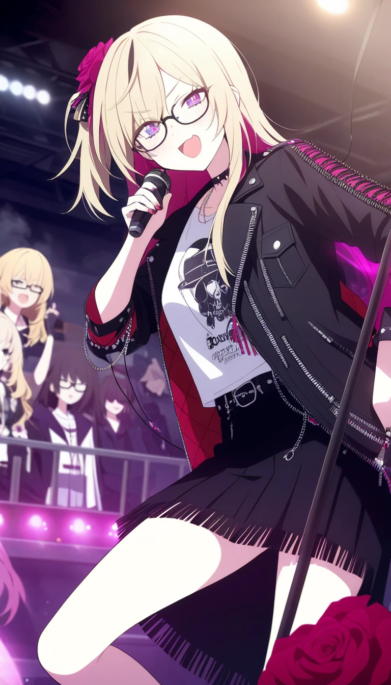 black and red lace underwear、Blonde、Beauty、Red Lip、adult、Hold the microphone and sing、cute、Sing while looking at the audience、