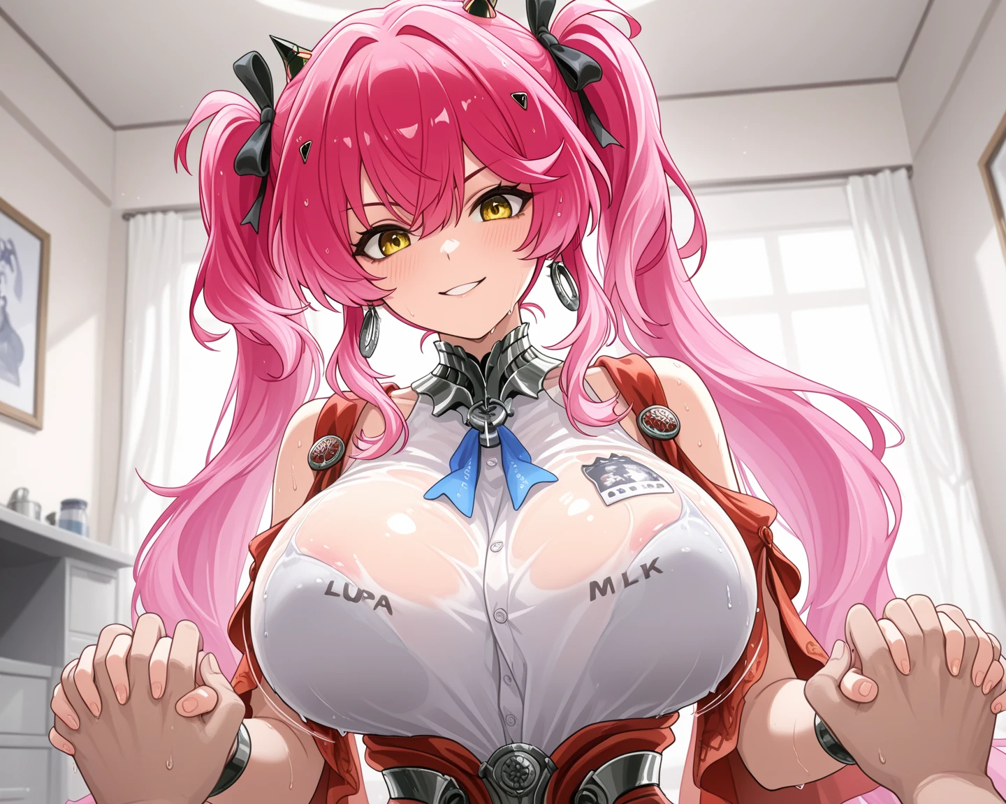 1 girl, game CG, pasties topless playboy bunny, rabbit ear hair ornament, rabbit tail accessory, gigantic breasts, pink hair, long hair, ponytail, princess hairstyle, ahoge, pink eyes, indoors, pov,