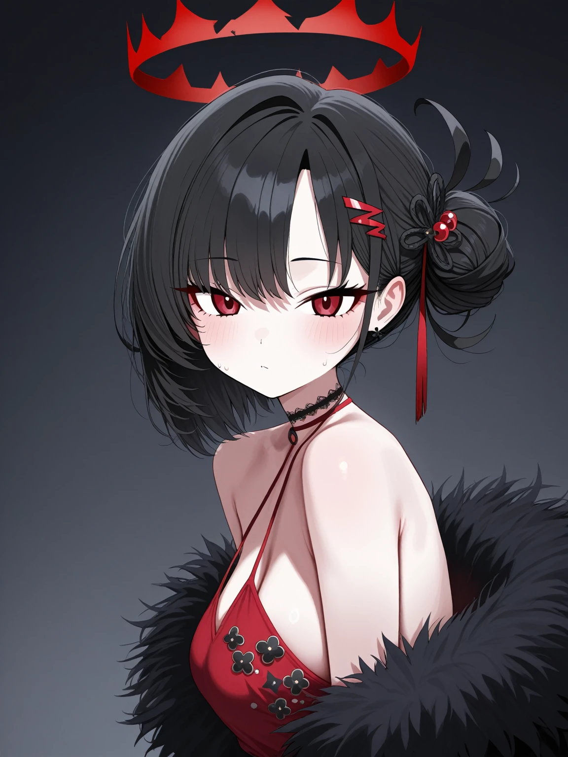 (A 19 years old male) (cute) (had pure red soft eyes) (black short messy hair) (have little cute demon horn) (demon tails shape of love) (short) (small body with a thick thighs) (like being bottom) (tsundere) (pale skin) (femboy) (male)