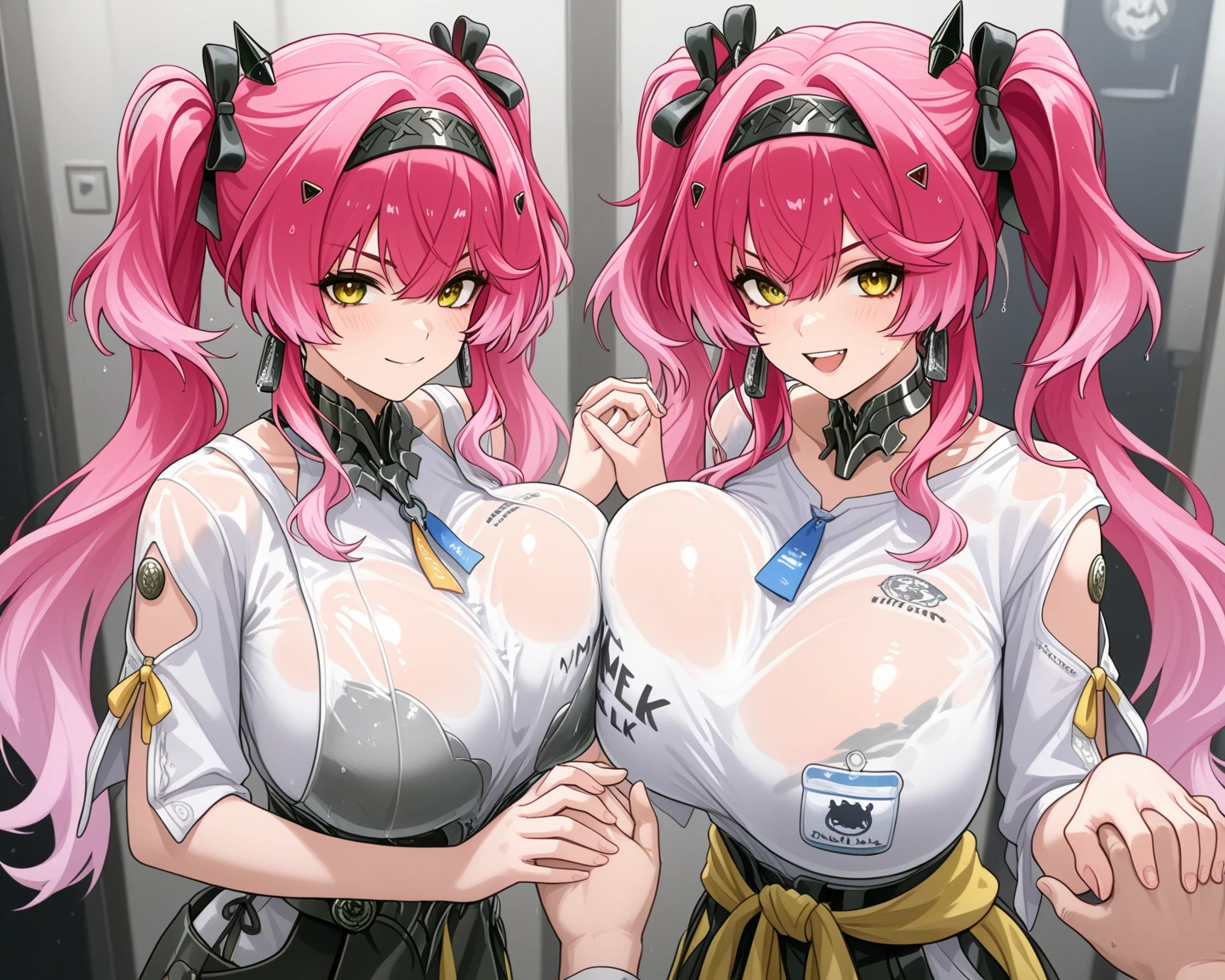 Girls with pink hair, long double-tailed hairstyle, ((small pink bushy eyebrows)), wearing lolita clothing, marked vagina, lolicon (Zankuro) drawing style by zankuro artist, Zancro style, image uploaded to R34, flirty smile, take a selfie from below, close-up, (( showing pubes )) in restaurant ((grabbing breast each other)) masturbing each one