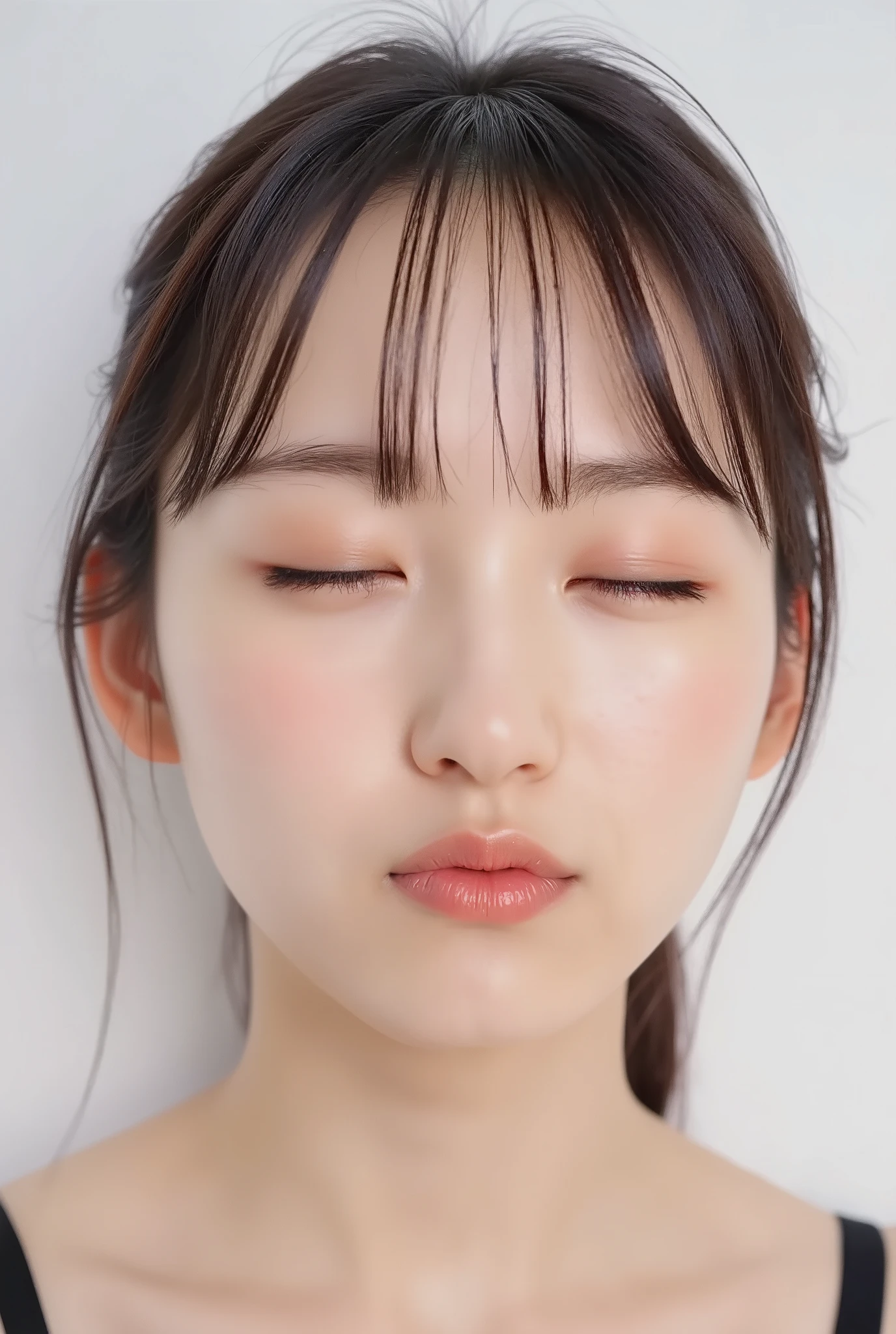 ultra-detailed close-up of a cute and beautiful young woman, collarbone-up composition, white studio background, soft diffused daylight, high-key exposure, clean and vibrant modern color grading, realistic smooth skin with visible pores and subtle peach fuzz, matte facial skin texture, slightly flushed cheeks and ears for a shy expression, big kawaii energy, soft facial features, full glossy lips in a rounded O-shape kiss, lips protruding with intense shine and shimmer, vibrant cherry pink lip gloss as the only makeup, chin gently raised with a subtle upward stretch, camera angle from 35–45 degrees above, face and head perfectly framed, dreamy euphoric smile with eyes gently closed, black camisole strap visible, soft head tilt, hands behind the back and out of frame, ultra-soft background bokeh and facial contour blur to emphasize lips, longing expression, dere-dere mood, cute and loving aura, subtly tilted mouth for added sweetness, youthful and modern hairstyle with airy light layers