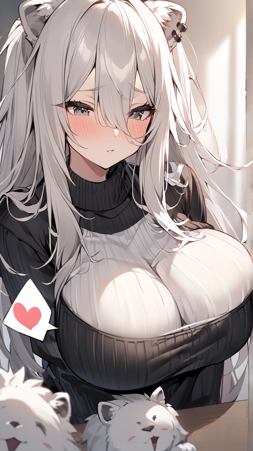 (highest quality、high detail:1.1、Very attractive adult beauty、Adds intense highlights to the eyes、Beautiful woman full of adult charm、perfect anatomy、I hear a silver voice、long hair、shiny hair、fluorescent color lip gloss),1 girl, alone, realistic、Please tilt your head slightly, short and shiny hair、 knit sweater、Big eyes、eyelash、face is a little red、embarrassing)、Big eyes、Give students very powerful highlights、(huge breasts:1.4}、very big breasts、very beautiful beauty、please show me your ears、long neck、smile a little、beautiful teeth、open your mouth and smile、heart shaped eyes))、28 years old、very cute super model、standing pose、Sexy Poses、one's home、Man's room、