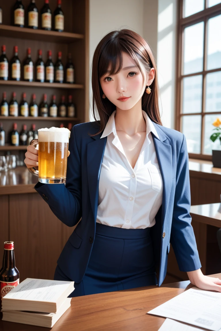 masterpiece,best quality,1girl,solo,beth,demon hair,long hair,scar, eyes,open mouth,blush, erotic smile, drunk ,(drunk,blush),sitting,drinking,((business suit)),holding mug,beer mug,counter,bar,