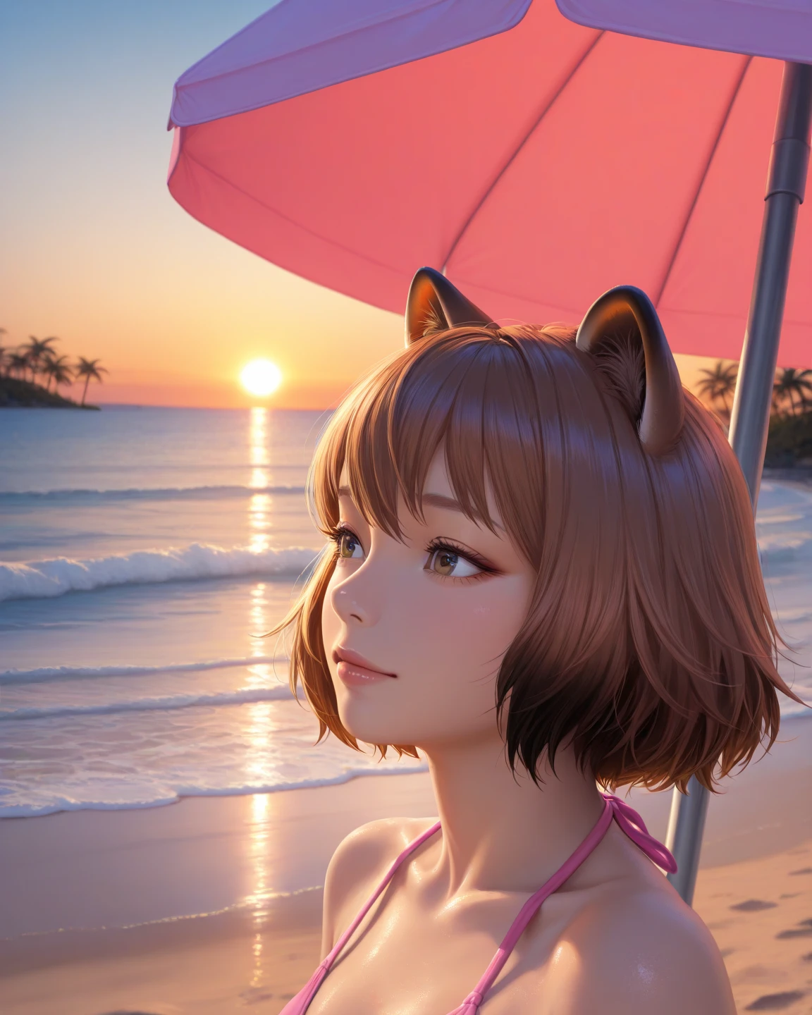 Beautiful adult woman、((Orange short hair))(Yellow Eyes))、Grinning with amusement、Face close-up、bakemonogatari、Summer background