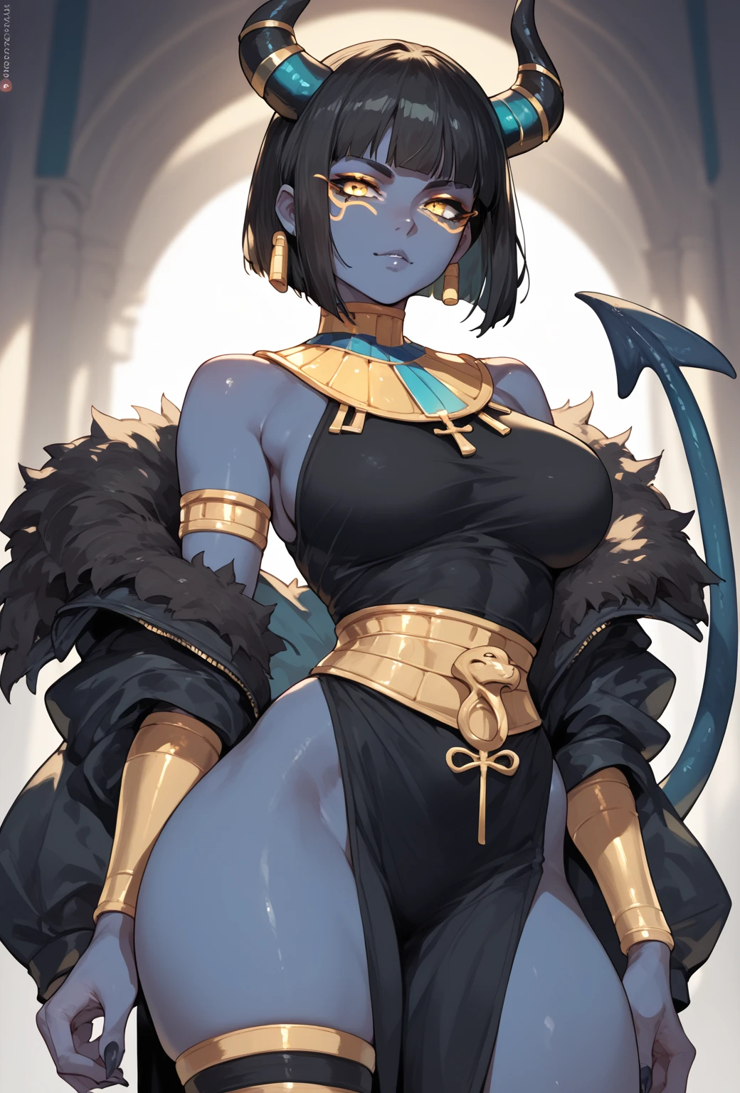 SengaSally, black hair, hair over one eye, ((tan skin)), short hair, horns, bob cut, purple eyes, purple lips, purple nails, gold jewelry, bracelet, armlet, bangle, skimpy purple cloth, pelvic curtain, underboob, looking at viewer, smile, parted lips, naughty face, seductive