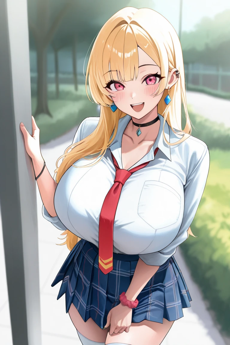 blush, smileglowing aura, natural light, masterpiece,  glossy skin, juicy lips , ,sexy, hot, , cleavage, evil,juicy lips, bimbo, hour glass, blonde hair,  wide eyes, green eyes, massive boobs, dark lighting, long hair, pink bow, platform shoes, bow in hair, golden round glasses, sandy blonde hair,  ((cropped shirt)),  big boobs, smile, pony tail, collared shirt