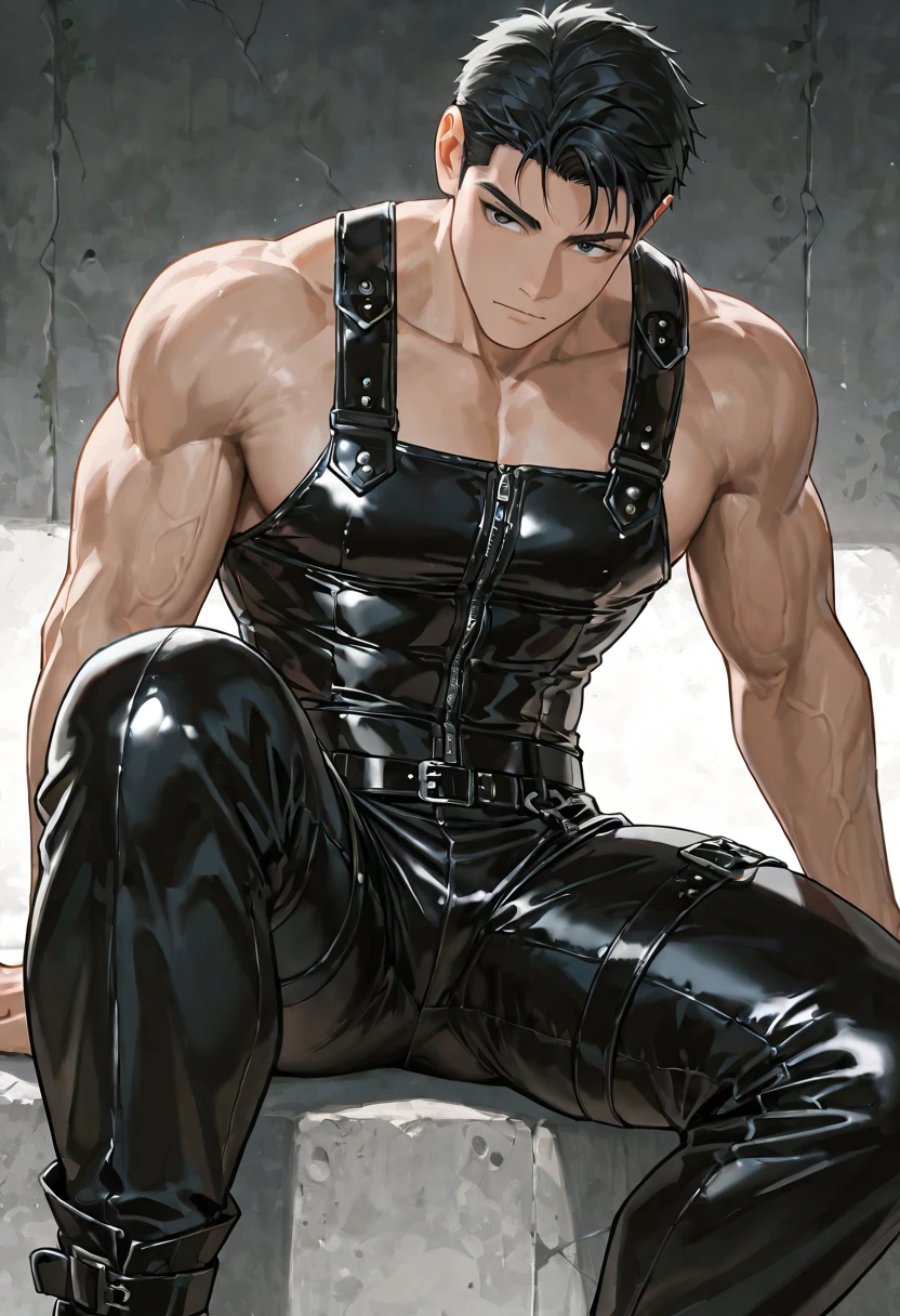 an Anime Sexy Man,sitting down on couch,big biceps and muscular body,dark hair, Black leather shiny crop too,revealing abs,visible abdominal muscles,Tattoos, hearts, leather tight pants