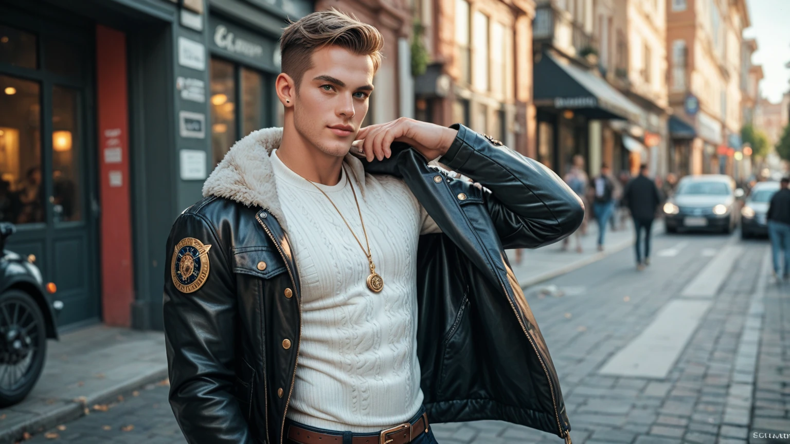 Handsome logan jensen. 23 years old. Very muscular and defined body. Narrow waist.  Dressed in tight black leather pants. White shirt unbuttoned. Standing on Moscow's Red Square