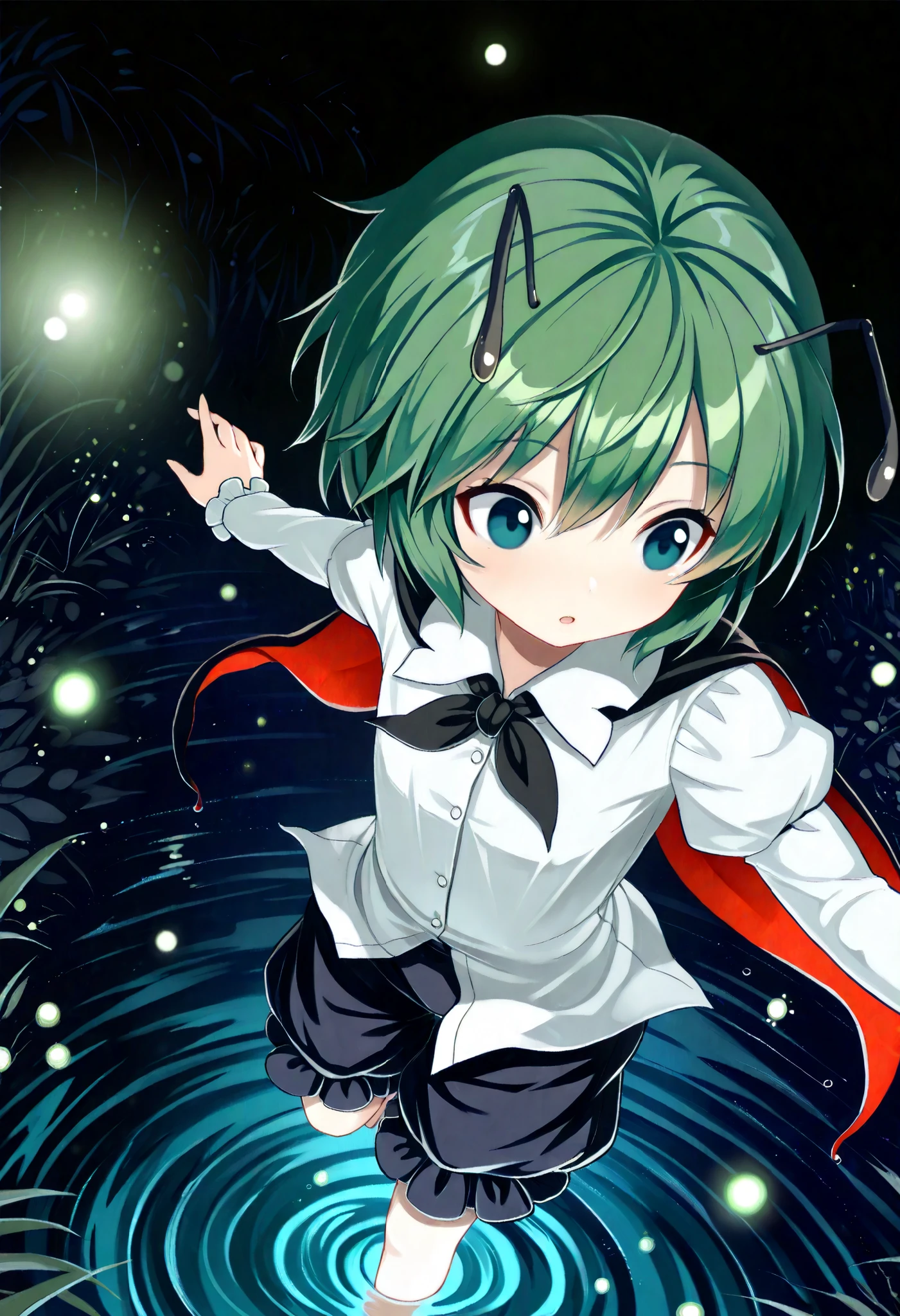 Masterpiece,Best quality, ultra detailed,Japanese Anime style, 1girl,((wriggle Nightbug)),(touhou project),boyish,green hair,short hair,short,mini,small chest, At night, outdoors, near water, fireflies are flying around,she dancing on the water,((beautiful light of fireflies,fantastic scene)),