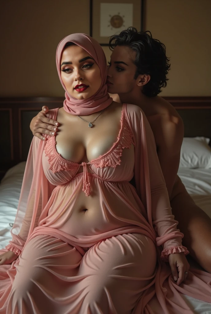 A romantic couple in a hug and kissing, featuring a young Indonesian woman in a grey hijab long pashmina, super transparent robe floral gamis, unbuttoned loose opened clothes, slightly chubby, sitting on the lap of a stylish man in a sleevelees white shirt, leaning in the wall, in the middle of room office, background inside office